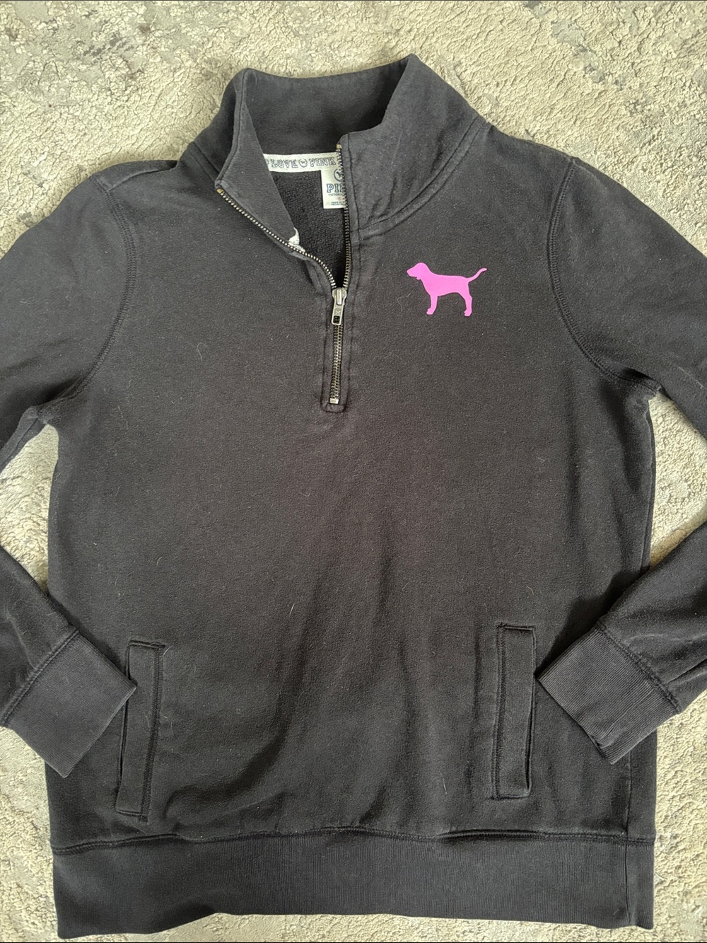 Y2K PINK Victoria's Secret Black Half-Zip Pullover with Pink Dog Logo
